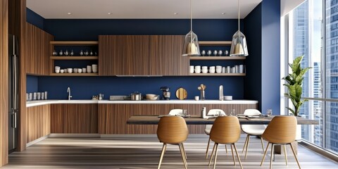 Modern kitchen interior, wood cabinetry, navy blue walls, minimalist design, pendant lighting, dining table, yellow chairs, large windows, natural light, open shelving, clean lines, contemporary aesth