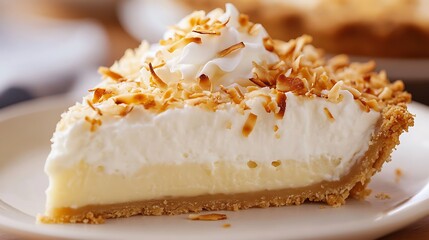 A close-up of a slice of coconut cream pie, topped with toasted coconut flakes and whipped cream.