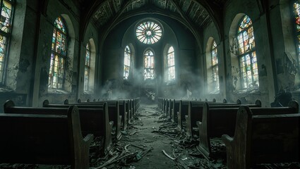 Obraz premium Eerie mist swirls through a decayed church with shattered stained glass windows