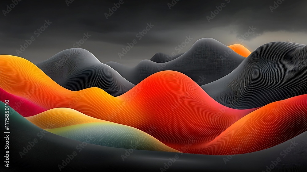 Poster enchanting fluid topographic data visualization featuring vivid color gradients shimmering cascades 