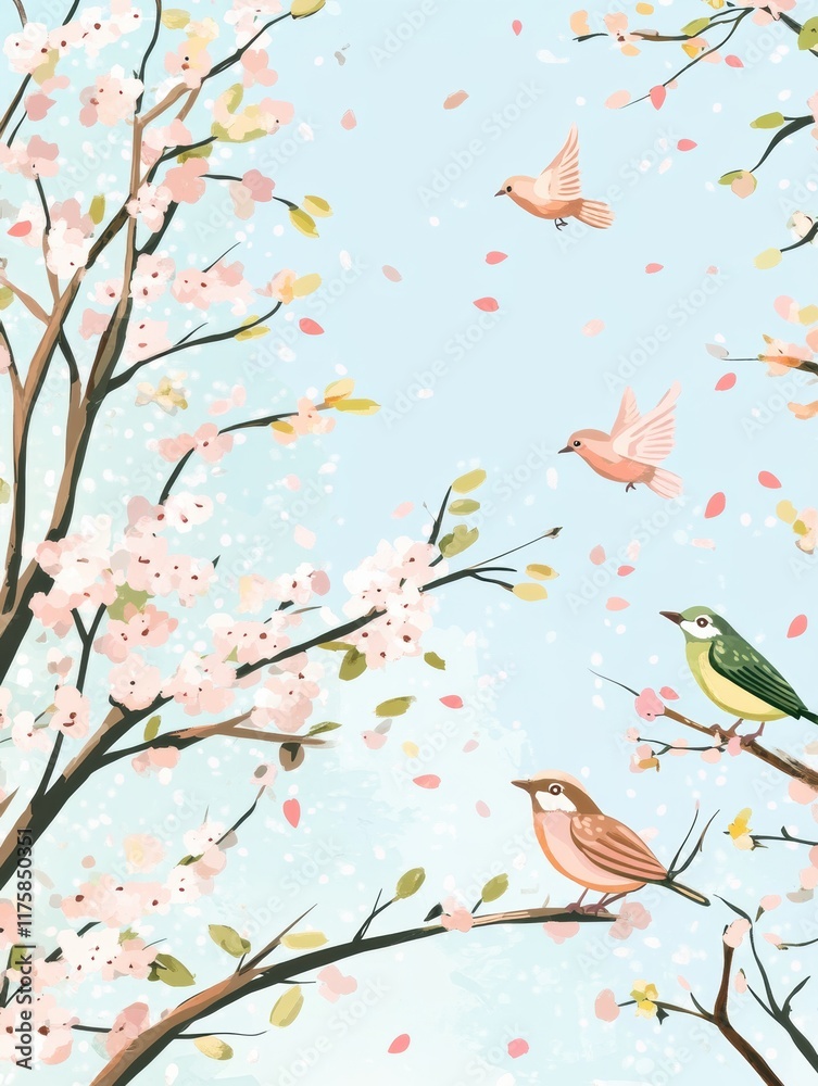 Aufkleber springtime birds and cherry blossoms in a tranquil landscape filled with soft colors. generative ai