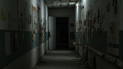 Obraz premium Eerie abandoned asylum hallway papers strewn door creaks open to darkness