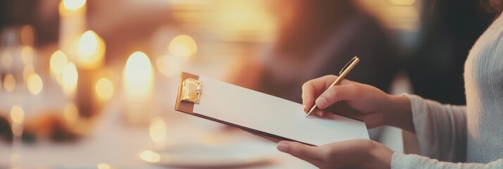 Waitress holding a clipboard and taking orders with a pen in an elegant restaurant, where romantic candlelight creates a warm and inviting atmosphere for a cozy evening dinner