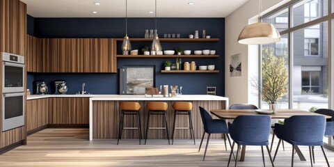 Modern luxury kitchen, open concept, wood and black cabinets, large island with bar stools, pendant lighting, floor-to-ceiling windows, city skyline view, sunset lighting, minimalist design, high-end 