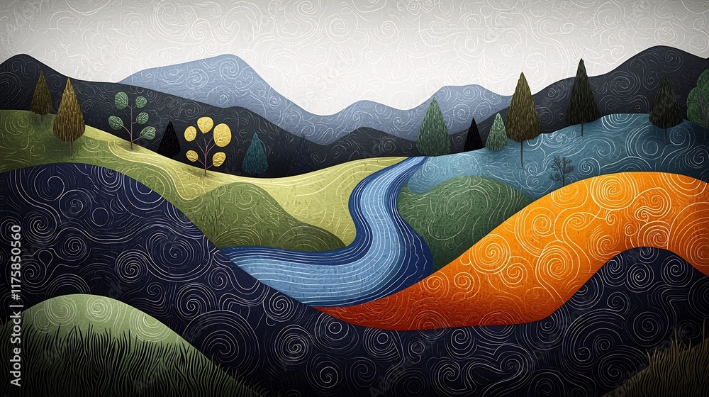 Poster striking topographic map highlighting the fluid dynamics of rainfall patterns with colorful contour 