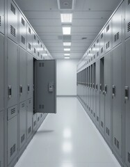 Metal lockers in empty corridor evokes a sense of anticipation and nostalgia