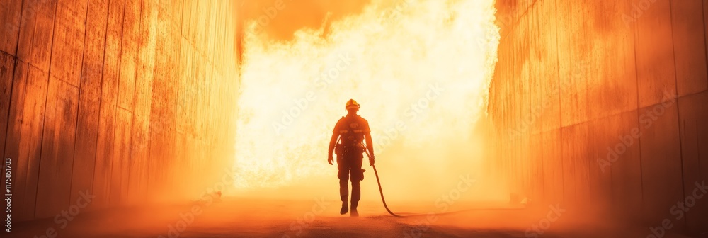 Poster firefighter walking through raging flames and smoke while holding a fire hose, demonstrating courage