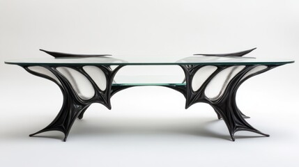 Modern glass-top coffee table with black organic sculpted base.