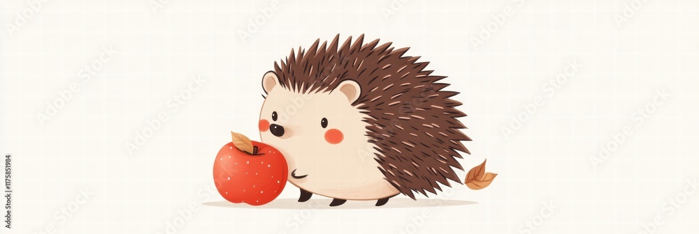 Poster cute hedgehog holding a red apple in a playful pose during a sunny day in a cartoon style environmen