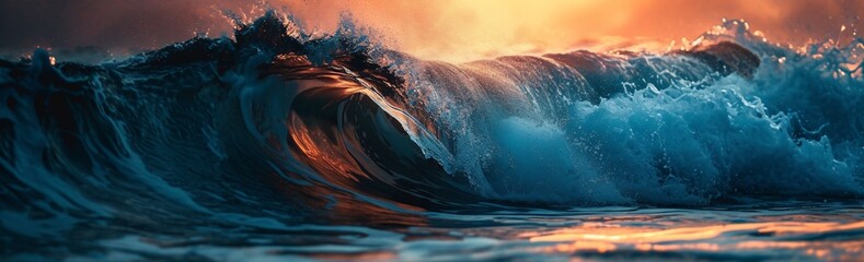 Dramatic ocean wave crashing under a golden sunset, creating a vibrant display of colors and...