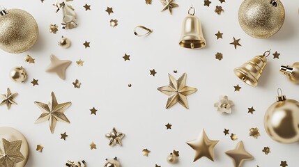 Scattered Golden Stars, Bells, and Confetti on a White Background, Creating a Festive Atmosphere