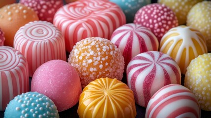 Obraz premium Close-up of colorful hard candies, various shapes and designs.