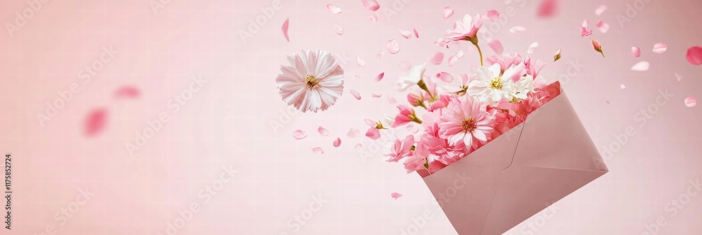 Poster Colorful flowers and petals burst from an envelope in a joyful display of springtime beauty. Generative AI
