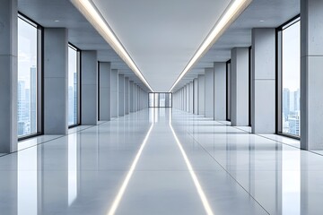 Obraz premium modern office hallway, sleek design, minimalist architecture, bright white interior, reflective floors, glass windows, symmetrical perspective, futuristic lighting, long corridor, clean lines