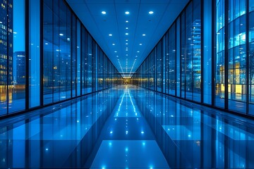 modern office hallway, glass walls, blue lighting, futuristic interior, reflective floor, symmetrical perspective, nighttime cityscape, corporate architecture, high-tech building, sleek design