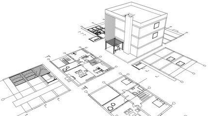house architectural project sketch 3d illustration	