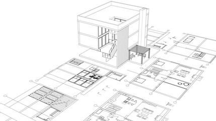 house architectural project sketch 3d illustration	