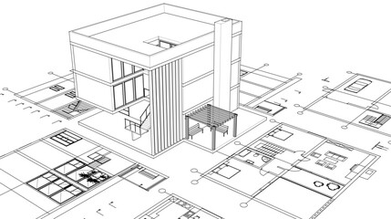 house architectural project sketch 3d illustration	