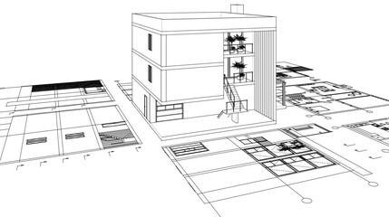 Fototapeta premium house architectural project sketch 3d illustration 