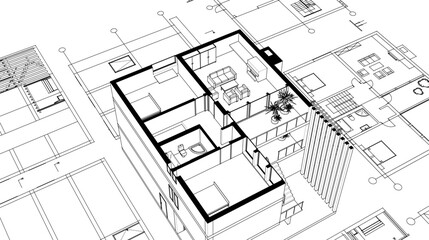 house architectural project sketch 3d illustration	