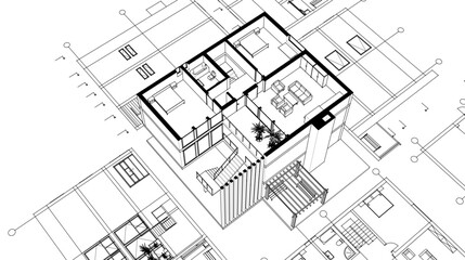 house architectural project sketch 3d illustration	
