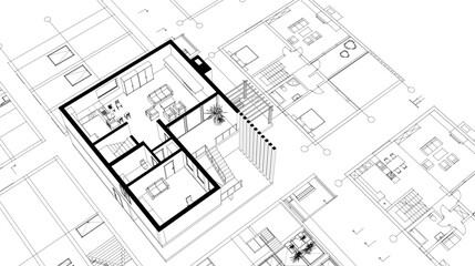 house architectural project sketch 3d illustration	