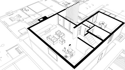house architectural project sketch 3d illustration	