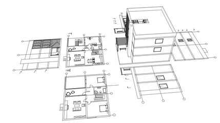 house architectural project sketch 3d illustration	