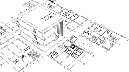 house architectural project sketch 3d illustration	