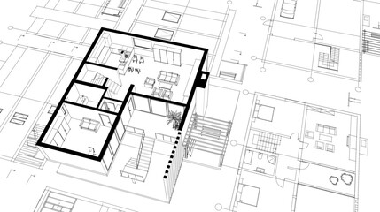 house architectural project sketch 3d illustration	