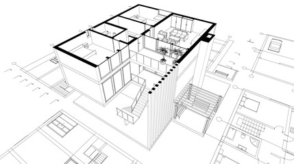 house architectural project sketch 3d illustration	
