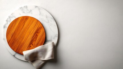 Marble tabletop with a natural wood board and soft fabric napkin photographed from an overhead angle for a symmetrical and ordered composition with sharp focus and clean lines