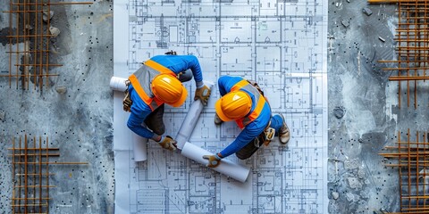 Two construction workers in hard hats examining blueprints on a job site, showcasing teamwork and planning in a building project.