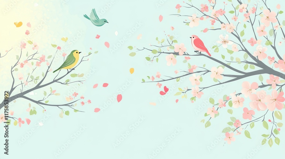 Poster Colorful hand drawn doodle of birds and flowers in a serene spring setting with branches and gentle falling petals. Generative AI