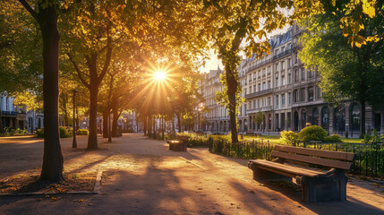 Obraz premium Beautiful City Park in Europe, Featuring Mature Trees, Stone Benches, and Soft Sunlight Peeking Through Branches, with Historic Buildings Adorned with Intricate Facades in the Background