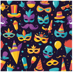 A vibrant vector pattern featuring colorful carnival masks, hats, mustaches, and festive elements on a dark background