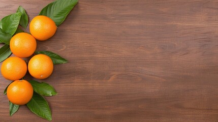 Fresh orange tangerines with green leaves, arranged on dark rustic wooden background, vibrant citrus fruit display, minimalistic natural food composition with copy space, healthy and organic

