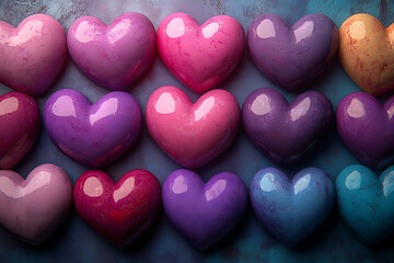 Fototapeta premium Playful 3D composition of red and pink hearts, creating a vibrant and romantic design, ideal for Valentine’s Day or love-themed creative projects