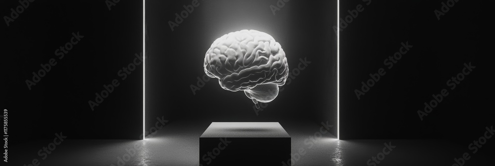 Poster glowing polygonal human brain floating on a pedestal in a dark room with neon lights, representing c