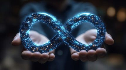 A digital hand holding a glowing virtual reality infinity symbol in a blurred space with a blank caption area on the side representing endless possibilities and chaos in a futuristic world of technolo