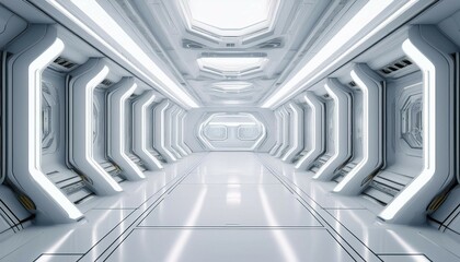 Obraz premium futuristic white corridor spaceship interior sci fi design 3d render