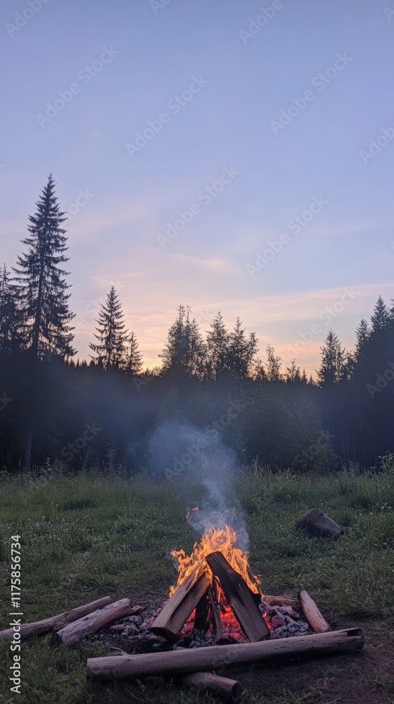 Poster bonfire burning brightly in a clearing of a coniferous forest, illuminating the twilight sky with wa