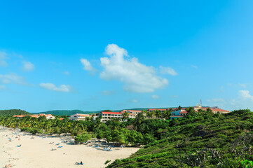 Holging Province,Cuba, Sol Rio Y Luna De Mares, gorgeous magnificent view of an exotic section of the beach with big round oval rocks with ocean stream between them in tropical garden 