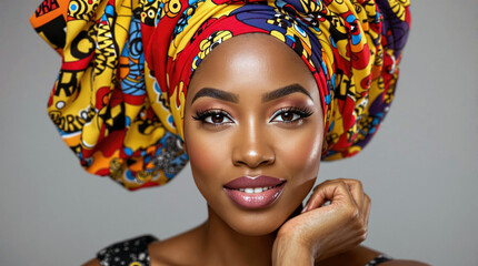 Portrait of African black woman wearing colorful headwrap
