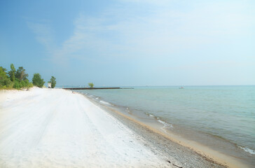 Toronto,Ontario,Canada,Center Island , magnificent, view of a white send beach and lake Ontario on sunny gorgeous day, travel,vacation background