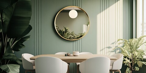 Elegant dining room, sage green walls, vertical striped wallpaper, round gold mirror, wooden dining table, curved white chairs, minimalist decor, potted plant, soft natural lighting, warm tones, Scand