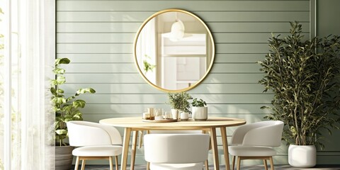 Elegant dining room, sage green walls, vertical striped wallpaper, round gold mirror, wooden dining table, curved white chairs, minimalist decor, potted plant, soft natural lighting, warm tones, Scand