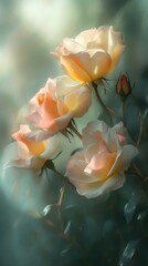 Beautiful pastel roses gently illuminated in soft light, showcasing delicate petals and ethereal charm, perfect for floral designs and romantic themes.