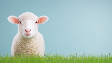 Fototapeta premium Cute white sheep in green grass, close-up animal portrait against a light blue background, isolated sheep image, farm animal in natural setting, minimalistic composition with copy space