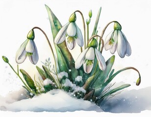 watercolor of snowdrops blooming through snow on a white background